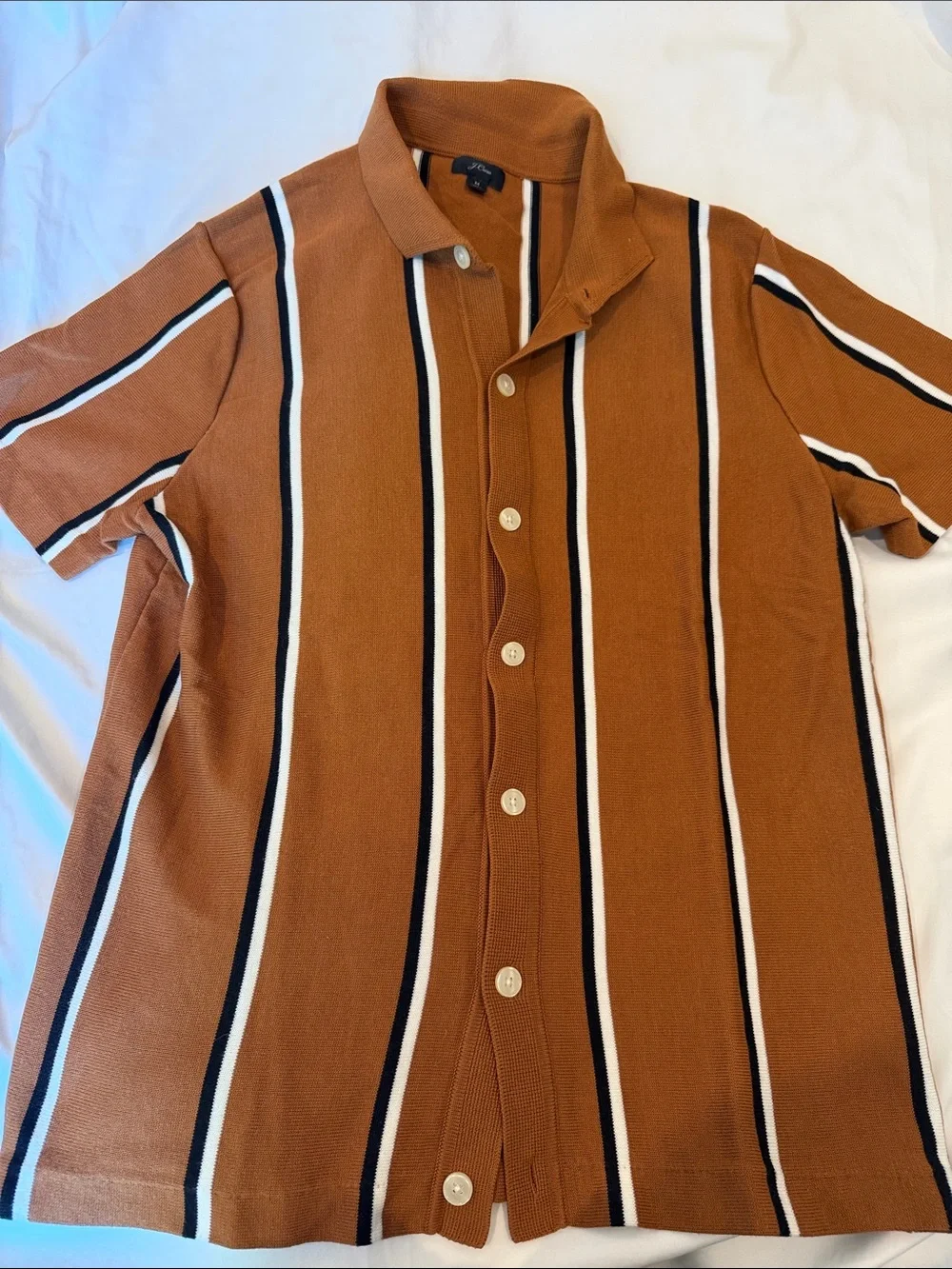 J. Crew Men's Rust and Black Vertical Stripe Short-Sleeve Button-Down Shirt
